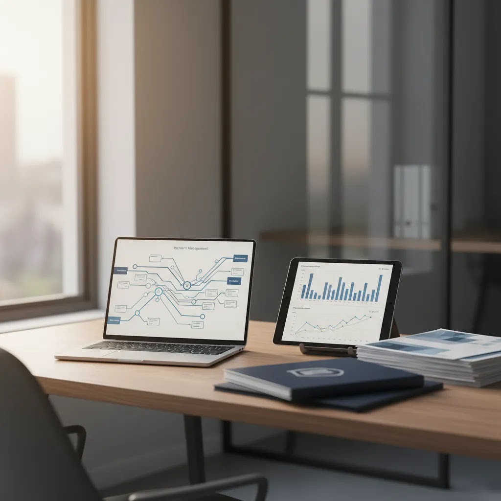 DORA incident management guide hero image showing a financial compliance workspace with incident workflow and reporting materials