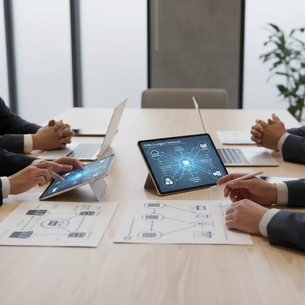 DORA regulation image showing financial entities and third party ICT oversight in a professional business setting